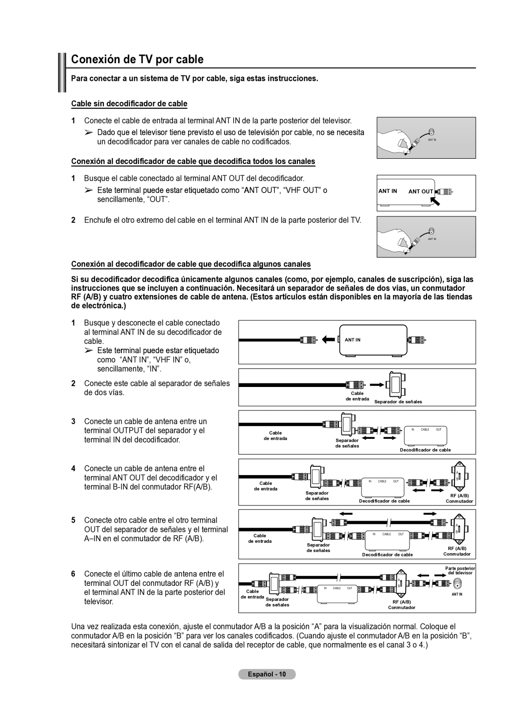 Samsung 510 user manual Conexión de TV por cable, Cable sin decodificador de cable 