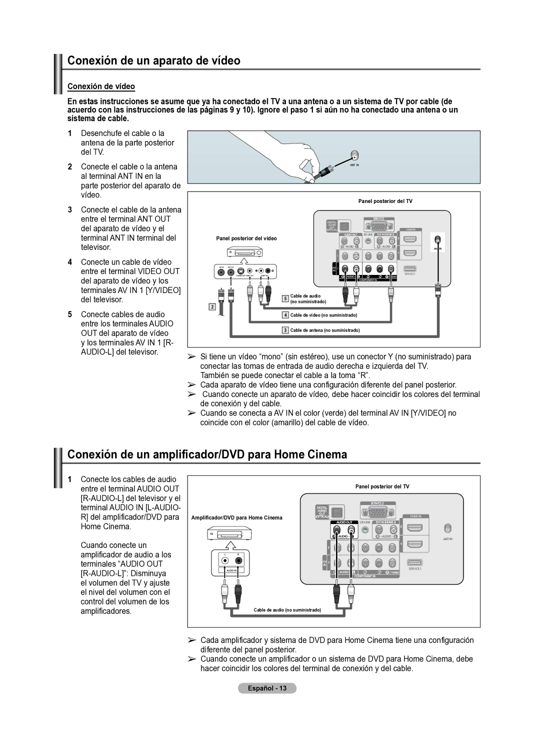 Samsung 510 user manual Conexión de un aparato de vídeo, Conexión de un amplificador/DVD para Home Cinema 