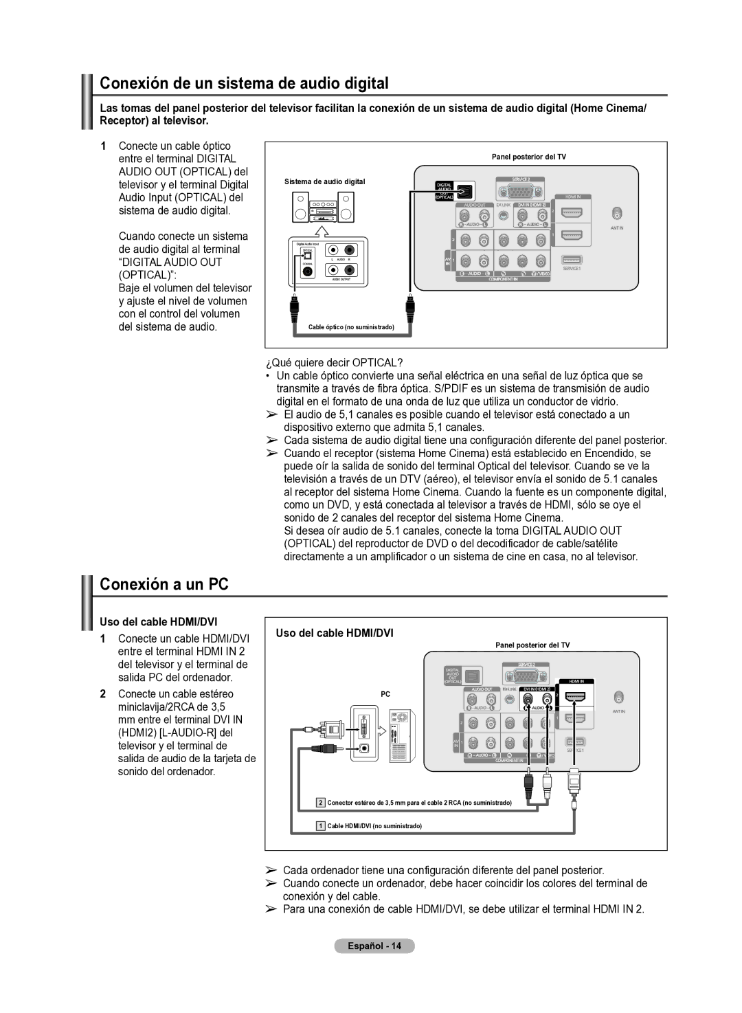 Samsung 510 Conexión de un sistema de audio digital, Conexión a un PC, ¿Qué quiere decir OPTICAL?, Uso del cable HDMI/DVI 