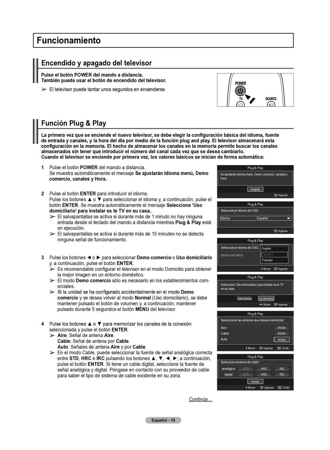 Samsung 510 user manual Funcionamiento, Encendido y apagado del televisor, Función Plug & Play 