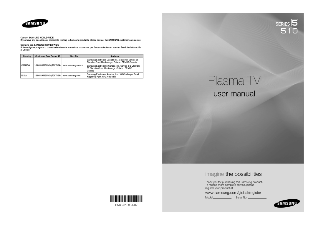 Samsung 510 user manual Plasma TV, imagine the possibilities, BN68-01580A-02, Model, Contact SAMSUNG WORLD-WIDE, Country 