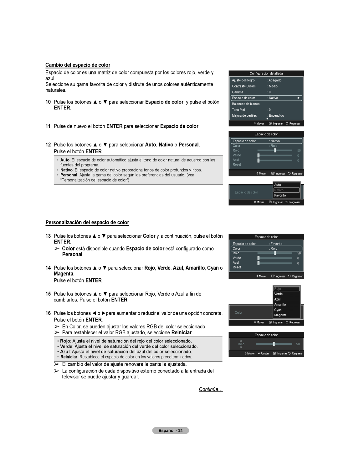 Samsung 510 user manual Cambio del espacio de color, Enter, Personalización del espacio de color, Magenta, Continúa… 