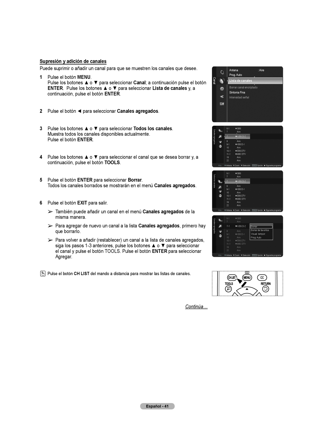 Samsung 510 user manual Supresión y adición de canales, Continúa… 