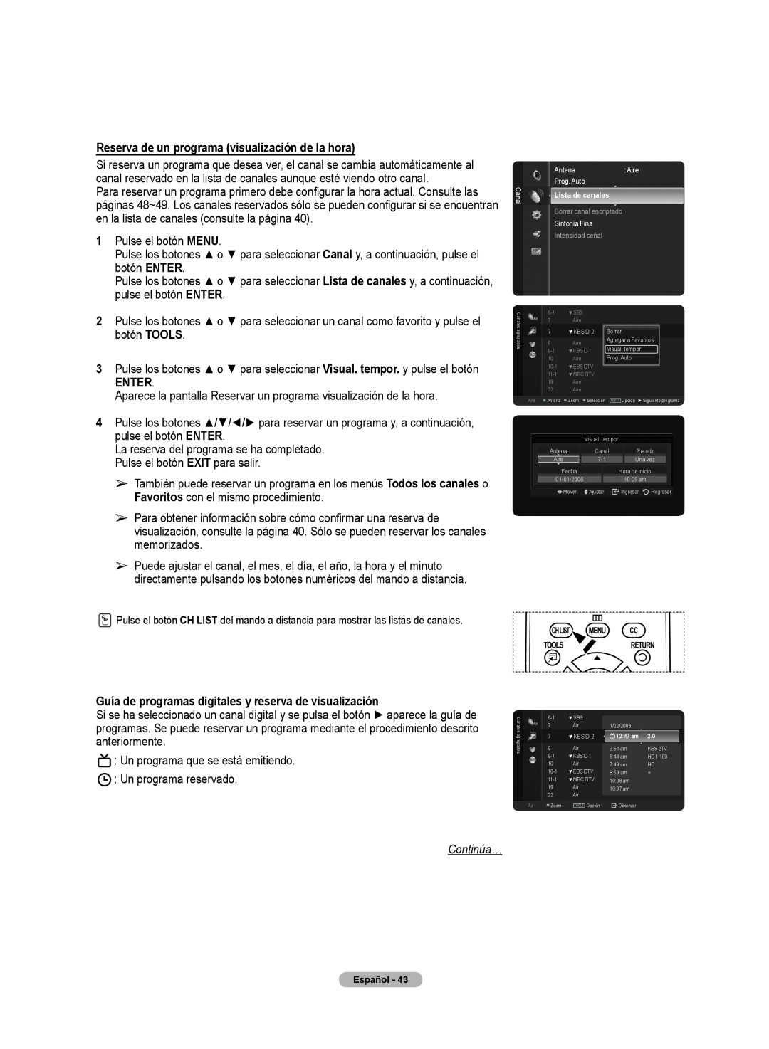 Samsung 510 Reserva de un programa visualización de la hora, Enter, Guía de programas digitales y reserva de visualización 