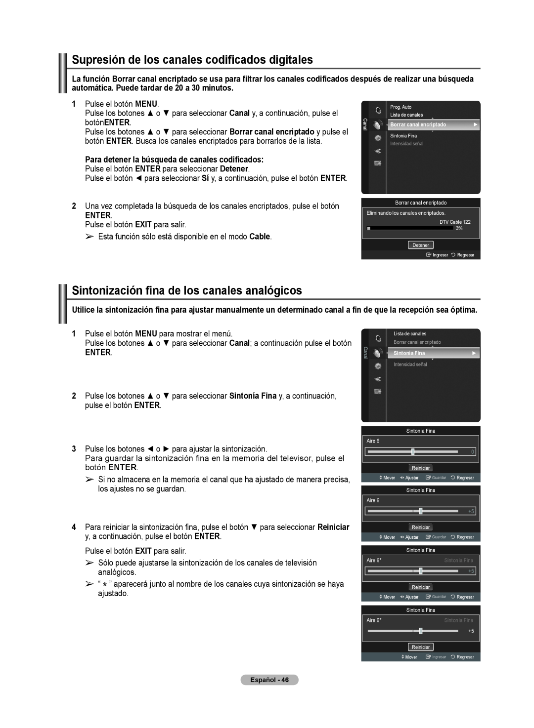 Samsung 510 user manual Supresión de los canales codificados digitales, Sintonización fina de los canales analógicos, Enter 