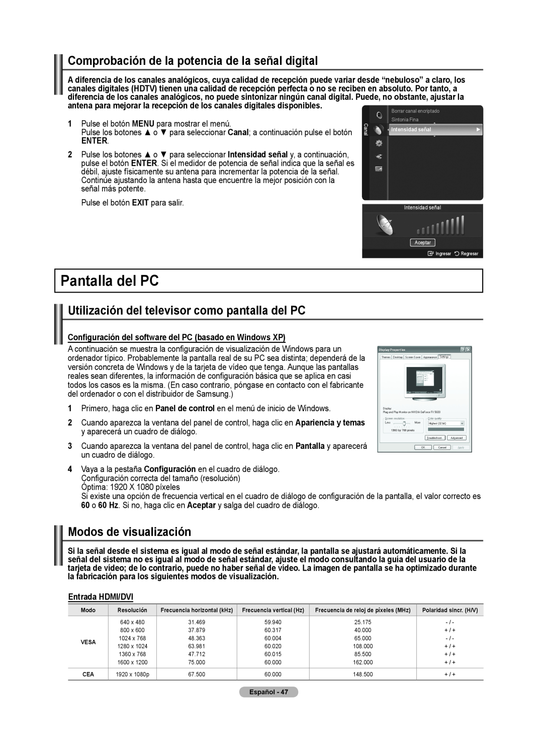 Samsung 510 user manual Pantallla del PC, Comprobación de la potencia de la señal digital, Modos de visualización, Enter 