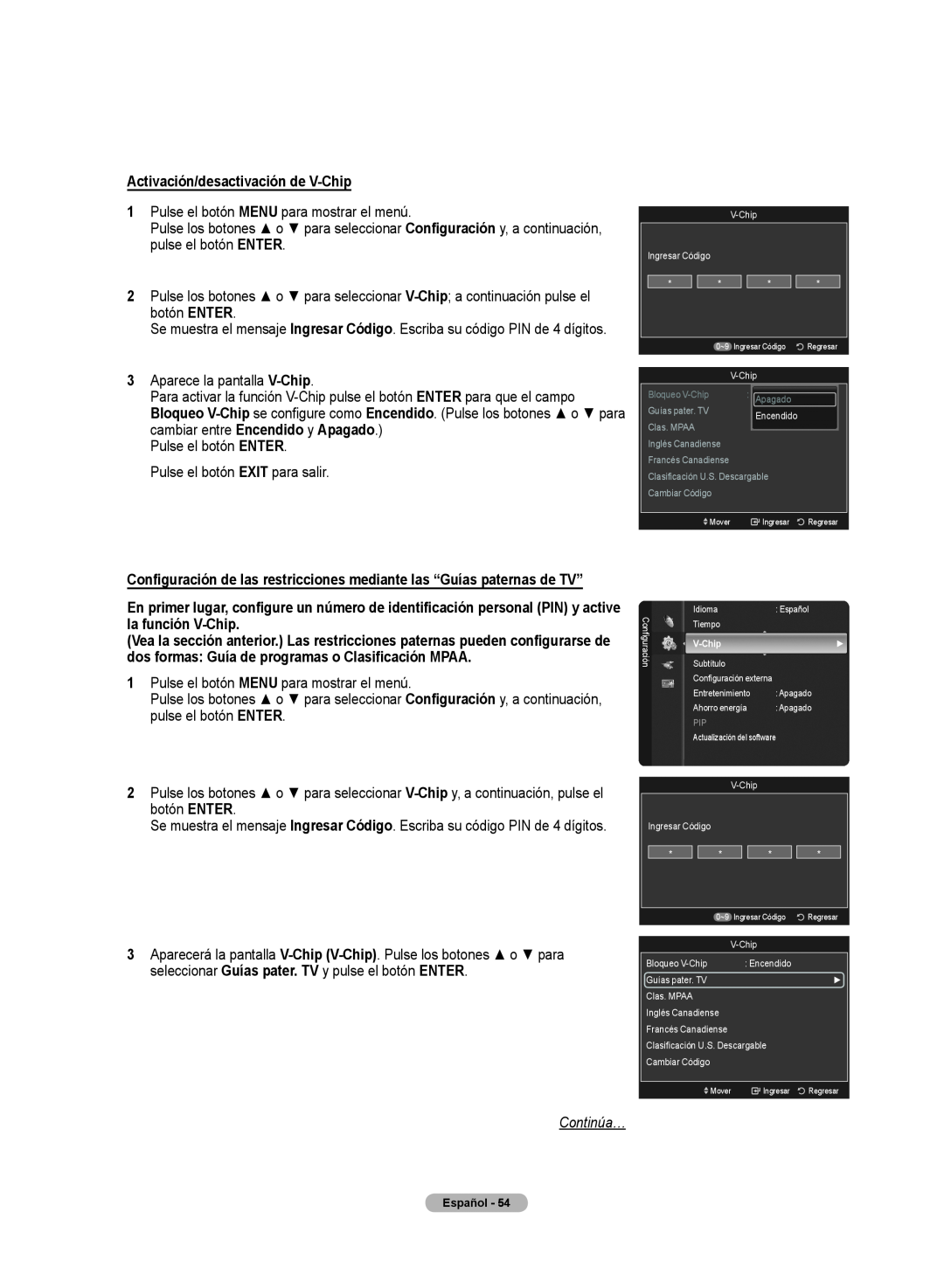 Samsung 510 user manual Activación/desactivación de V-Chip, Continúa…, Guías pater. TV, Clas.. MPAA, Inglés Canadiense 
