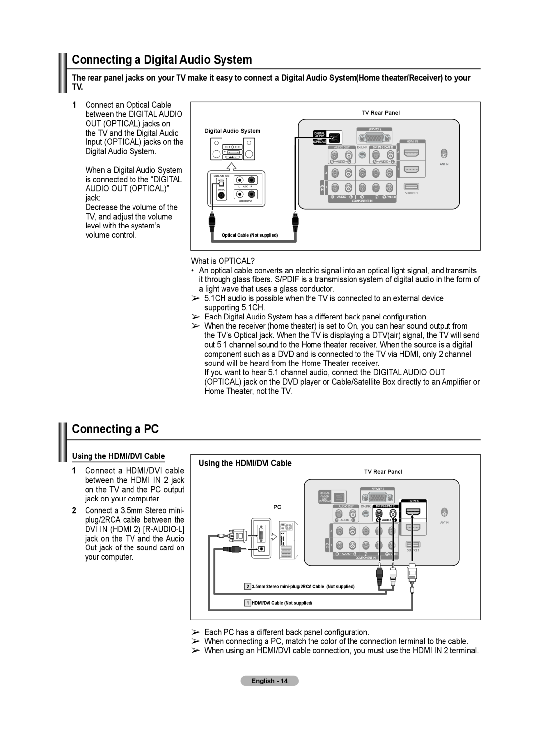 Samsung 510 user manual Connecting a Digital Audio System, Connecting a PC, Using the HDMI/DVI Cable 