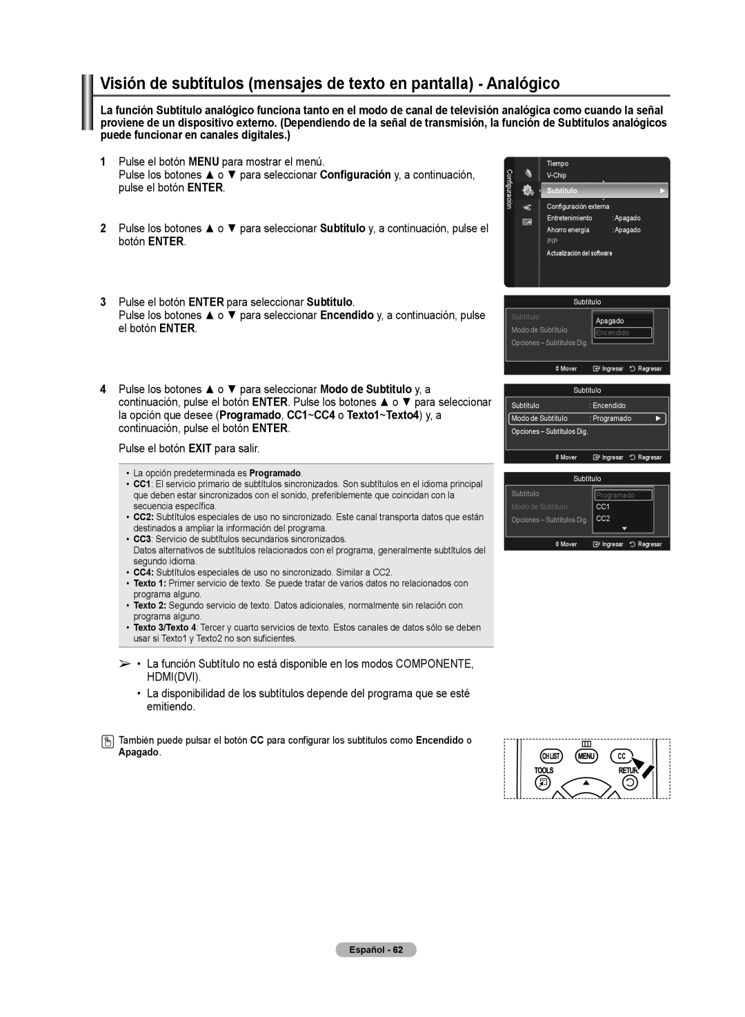 Samsung 510 user manual Visión de subtítulos mensajes de texto en pantallla - Analógico, Apagado 