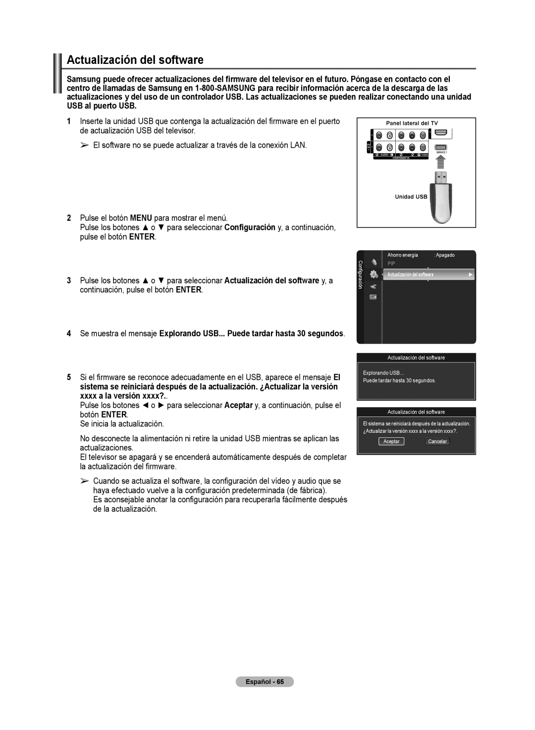 Samsung 510 user manual Actualización del software, Panel lateral del TV Unidad USB 