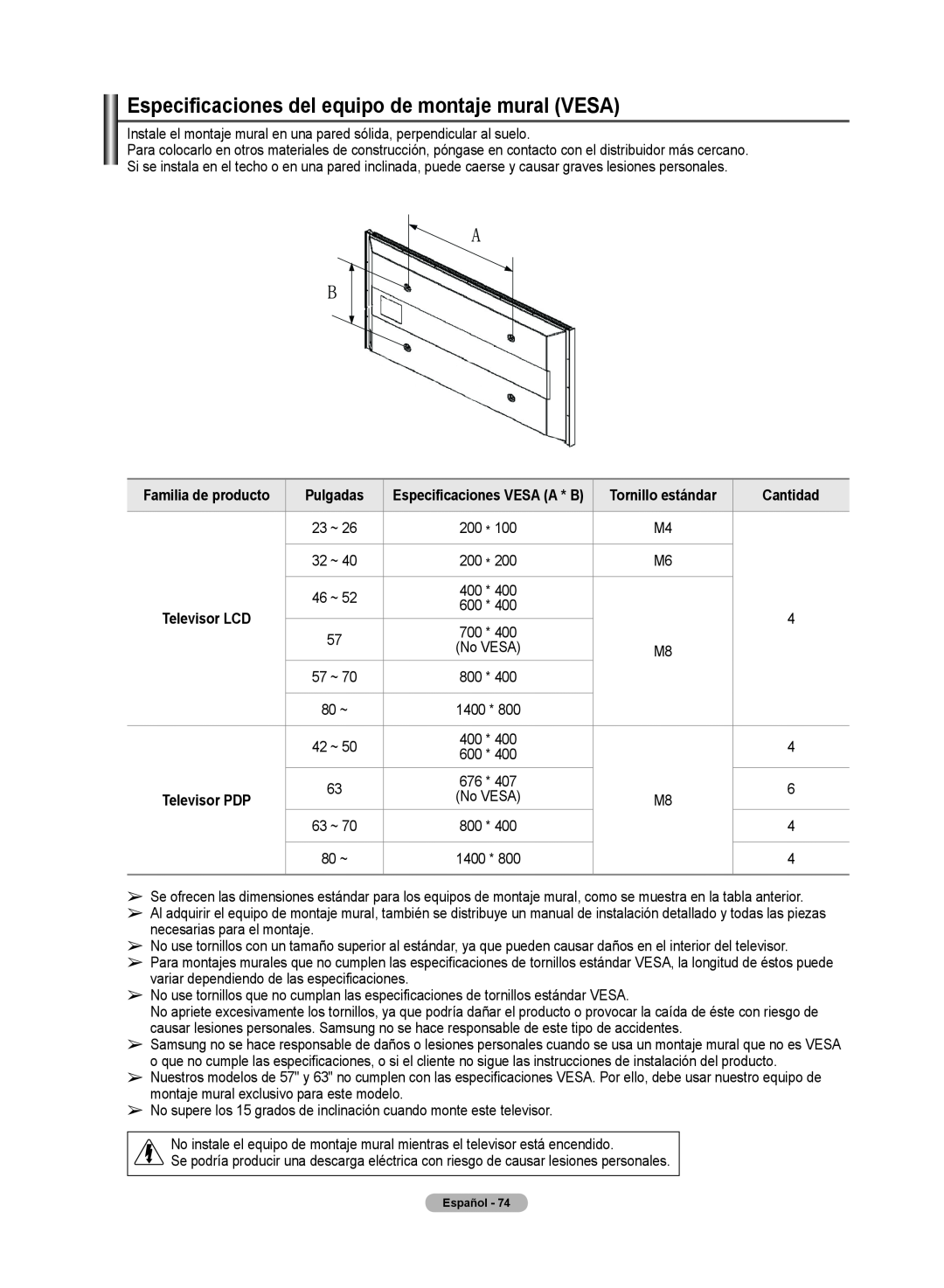 Samsung 510 user manual Especificaciones del equipo de montaje mural VESA, Cantidad 