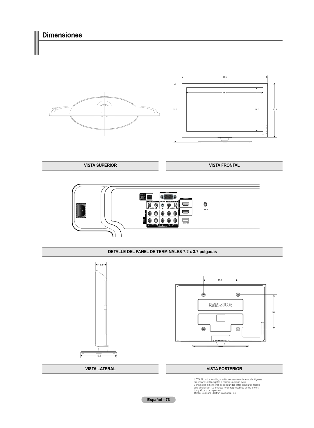 Samsung 510 Vista Superior, Vista Frontal, DETALLE DEL PANEL DE TERMINALES 7.2 x 3.7 pulgadas, Vista Lateral, Español 