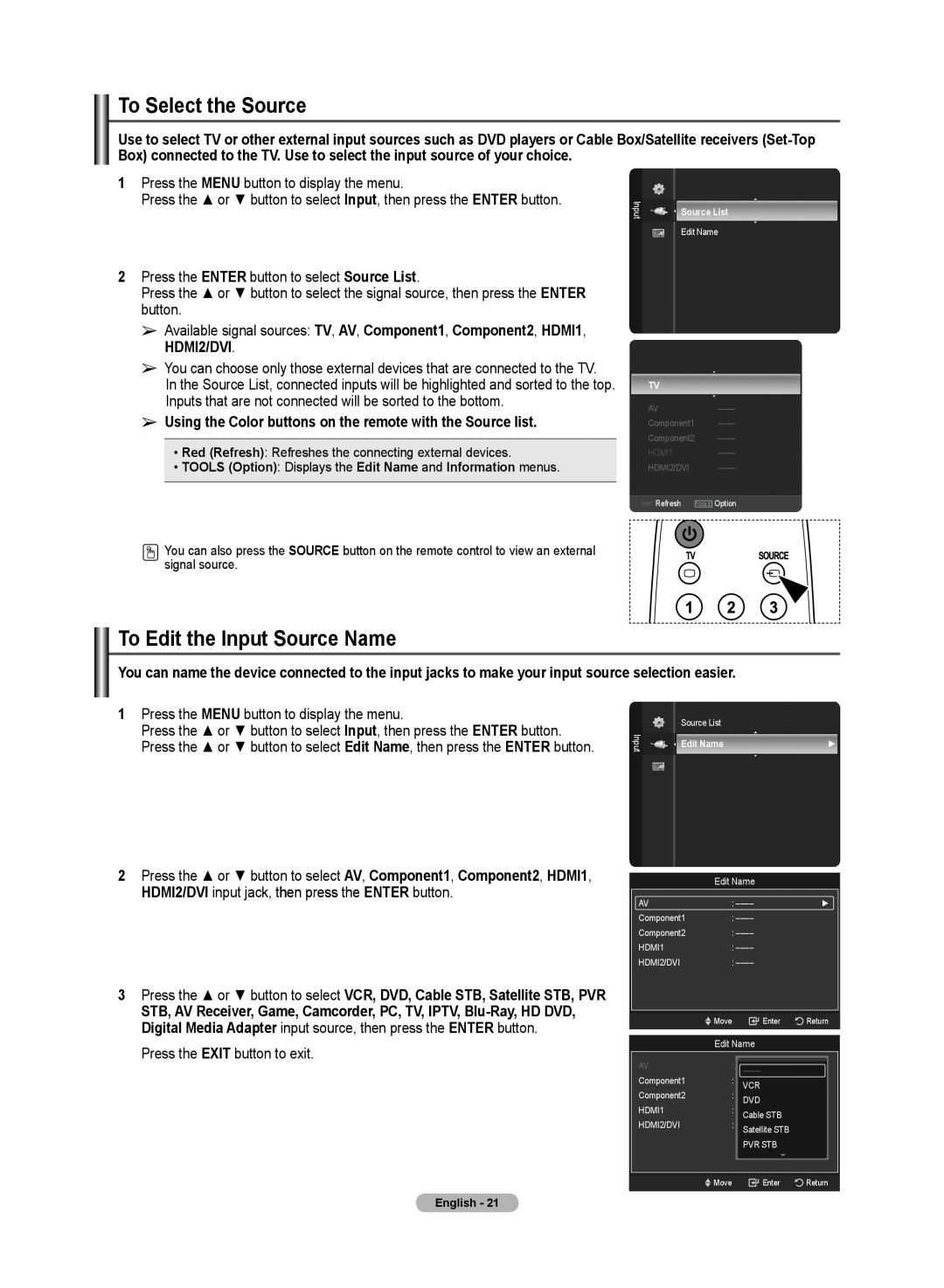 Samsung 510 user manual To Select the Source, To Edit the Input Source Name 