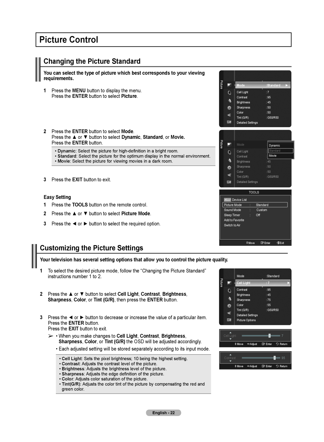 Samsung 510 user manual Picture Control, Changing the Picture Standard, Customizing the Picture Settings, Easy Setting 