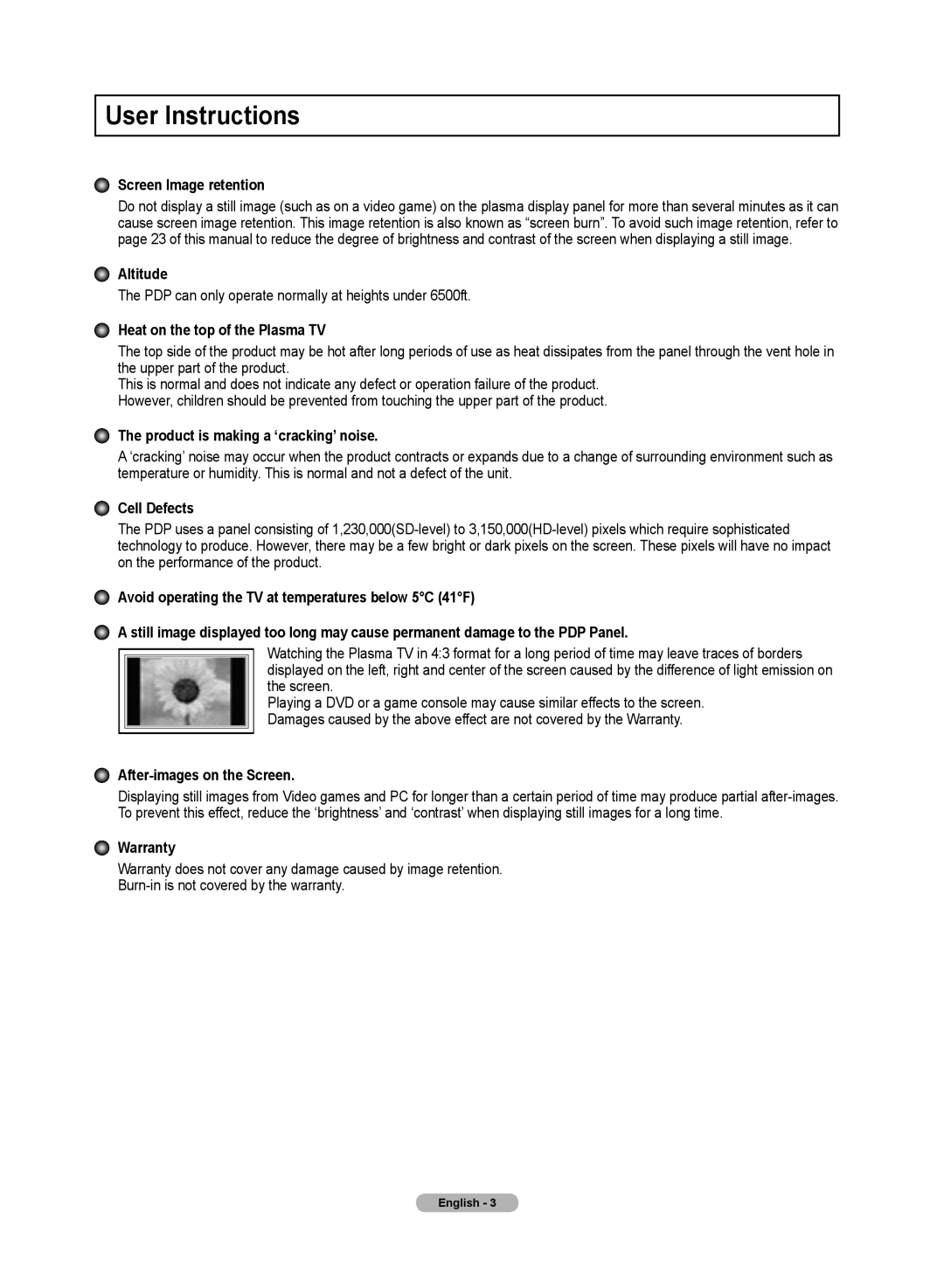Samsung 510 User Instructions, Screen Image retention, Altitude, Heat on the top of the Plasma TV, Cell Defects, Warranty 