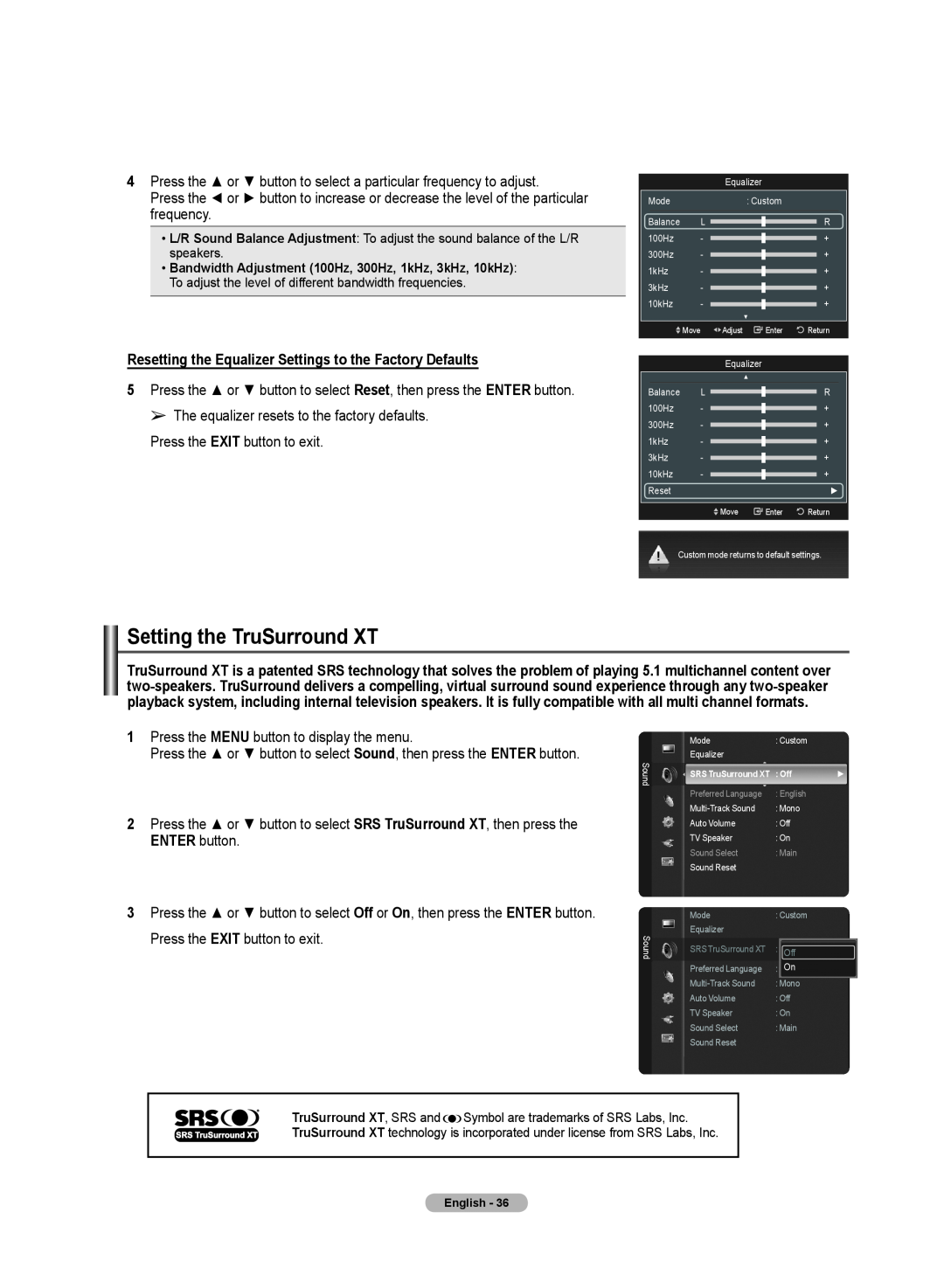 Samsung 510 user manual Setting the TruSurround XT, Resetting the Equalizer Settings to the Factory Defaults 