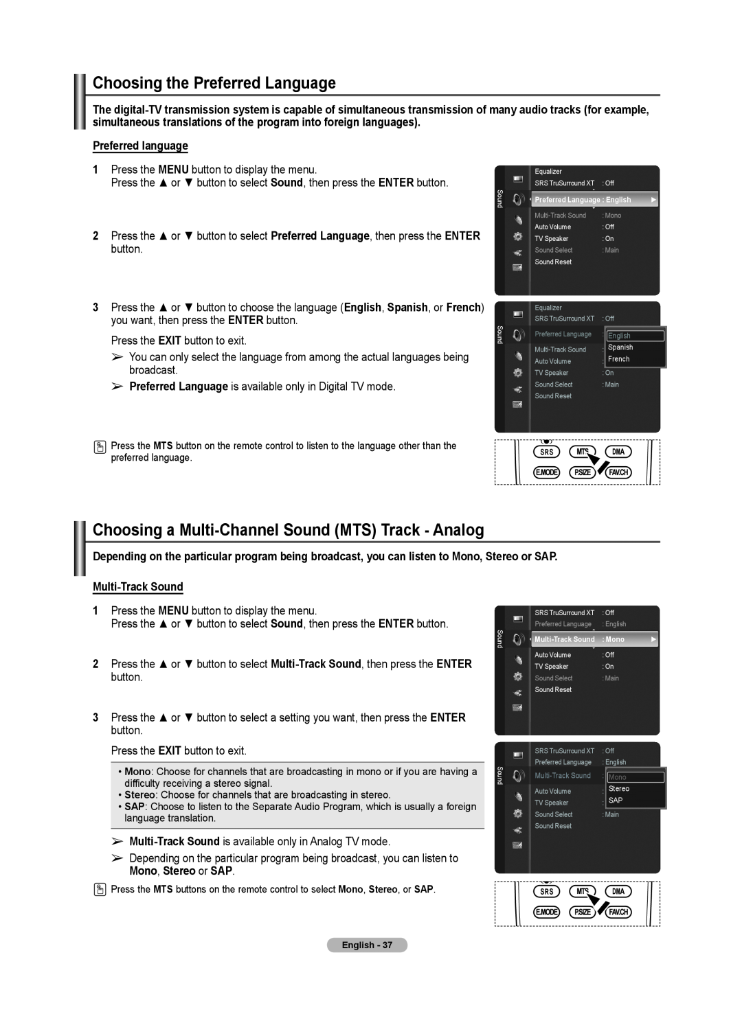 Samsung 510 Choosing the Preferred Language, Choosing a Multi-Channel Sound MTS Track - Analog, Preferred language 
