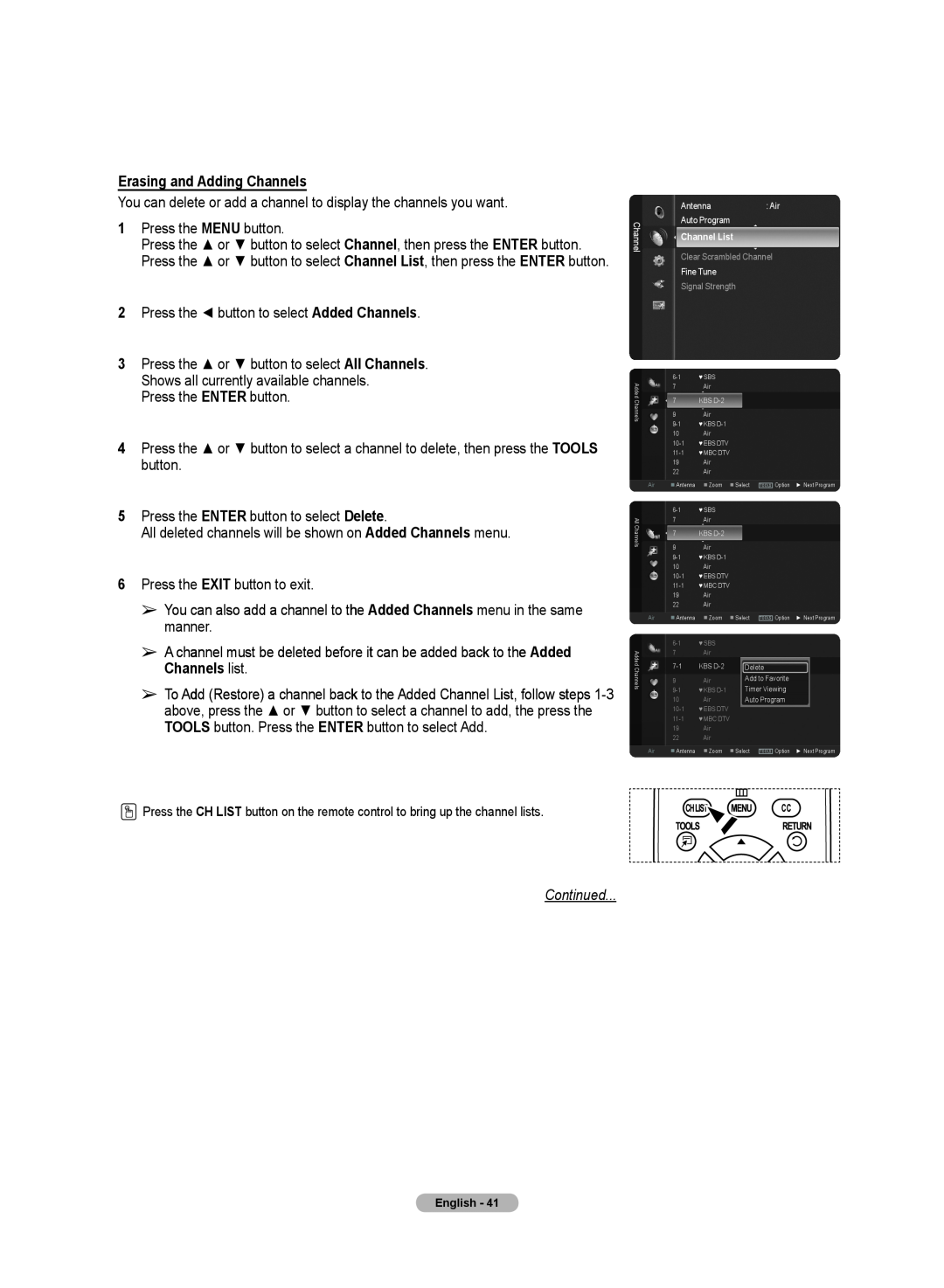 Samsung 510 user manual Erasing and Adding Channels, Continued 