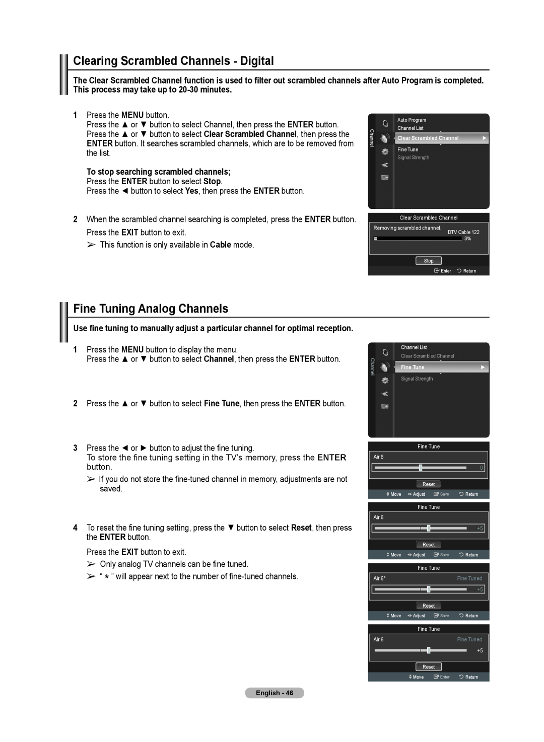 Samsung 510 user manual Clearing Scrambled Channels - Digital, Fine Tuning Analog Channels 