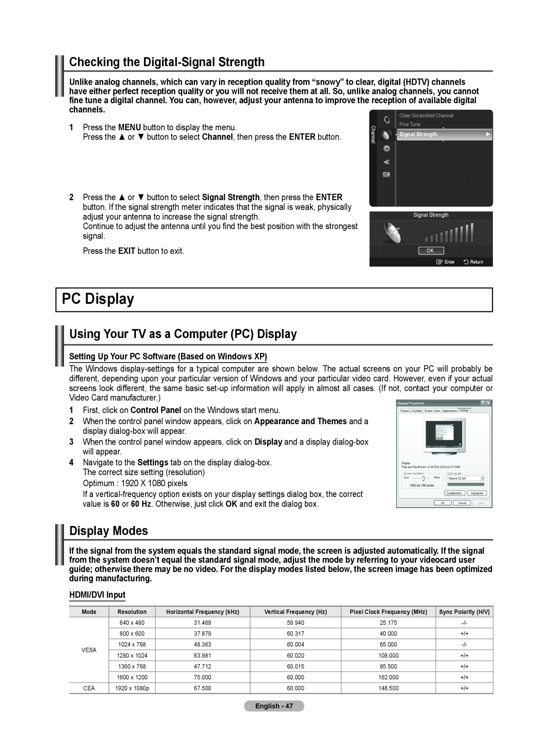 Samsung 510 user manual Checking the Digital-Signal Strength, Using Your TV as a Computer PC Display, Display Modes 