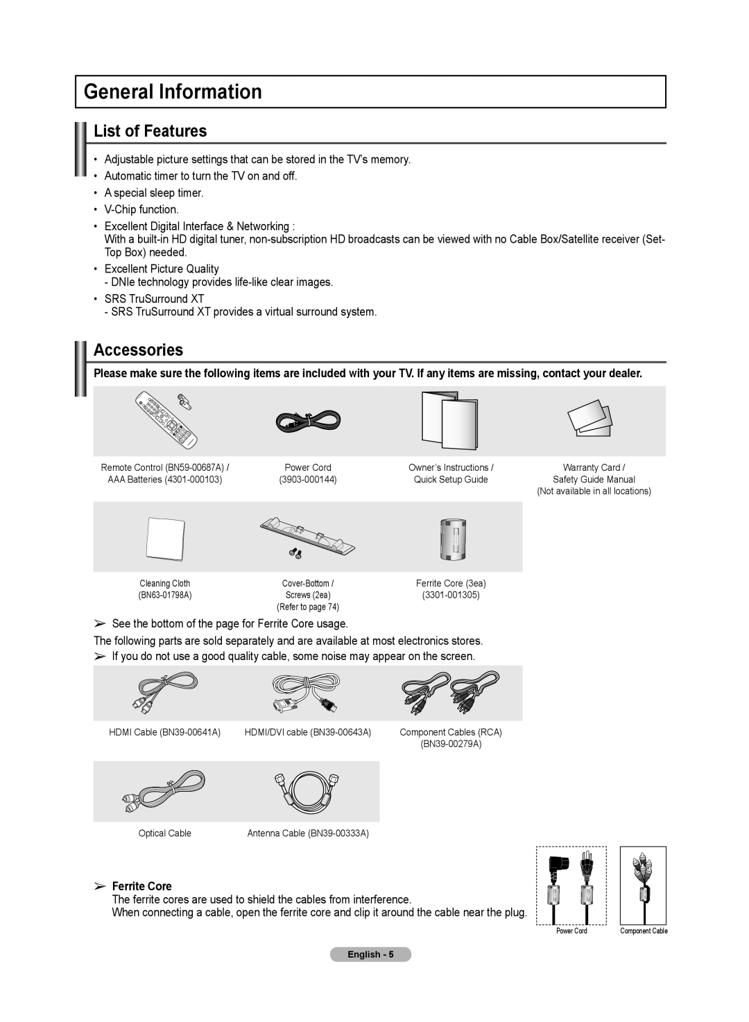 Samsung 510 user manual General Information, List of Features, Accessories, Ferrite Core 