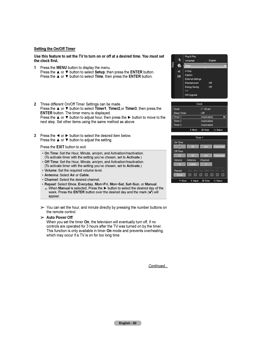Samsung 510 user manual Setting the On/Off Timer, Auto Power Off, Continued, Antenna Select Air or Cable 