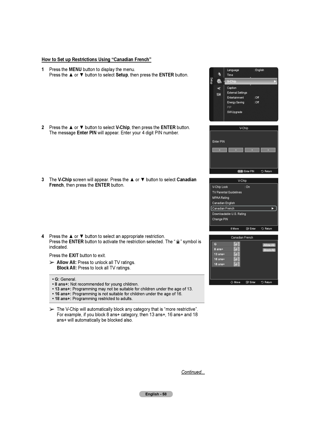 Samsung 510 user manual How to Set up Restrictions Using “Canadian French”, Continued 