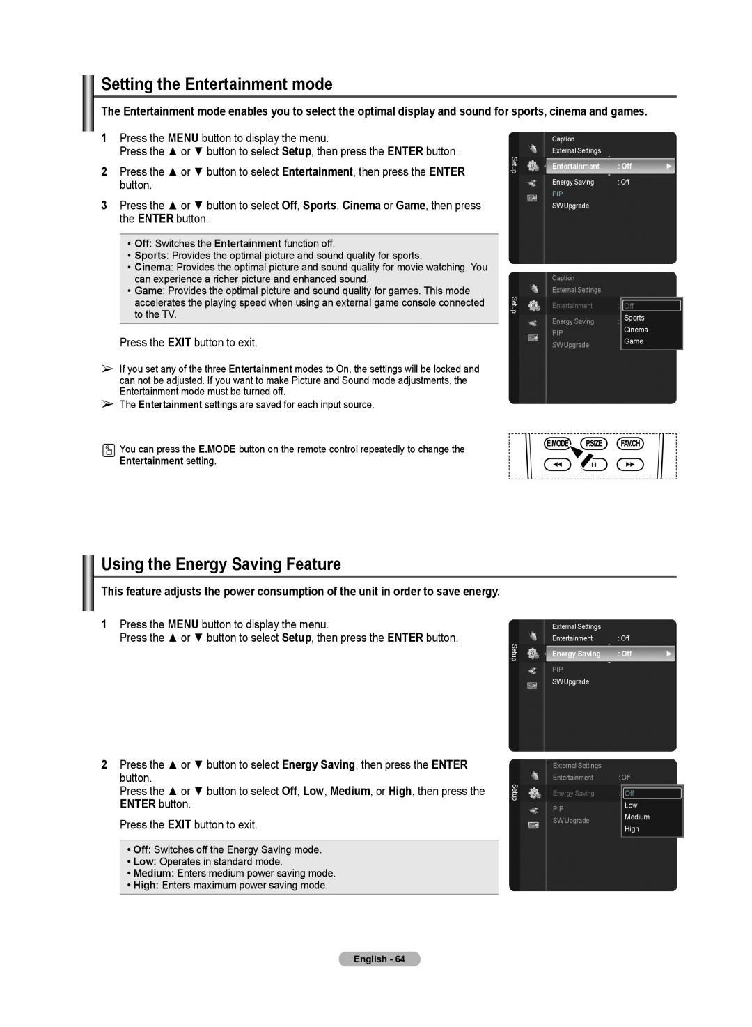 Samsung 510 user manual Setting the Entertainment mode, Using the Energy Saving Feature 