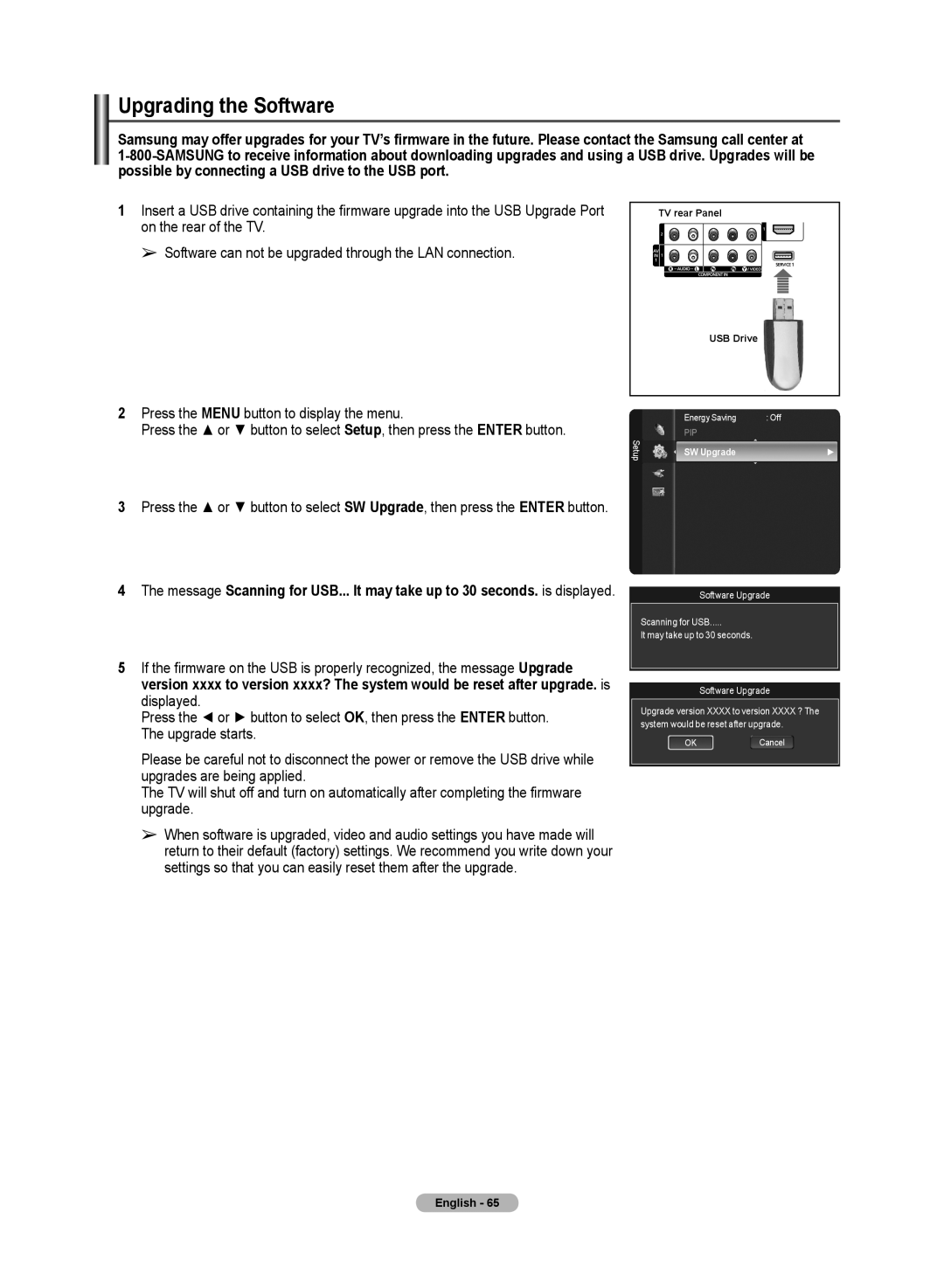 Samsung 510 user manual Upgrading the Software, TV rear Panel USB Drive 