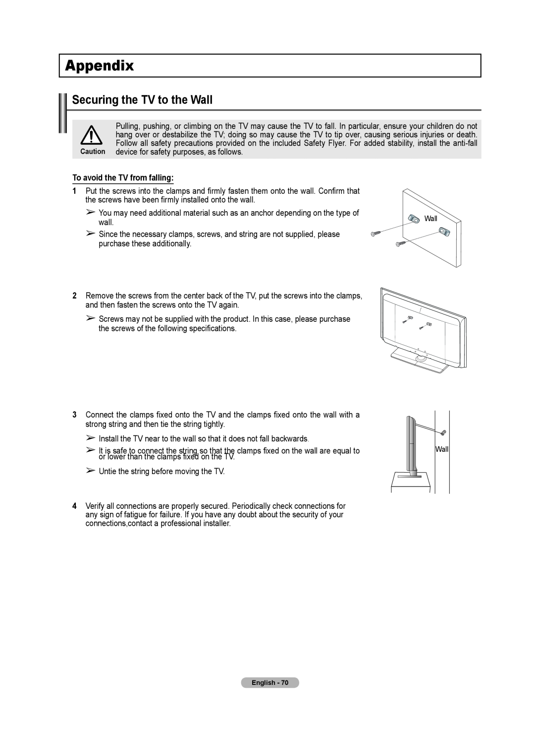 Samsung 510 user manual Appendix, Securing the TV to the Wall, To avoid the TV from falling 