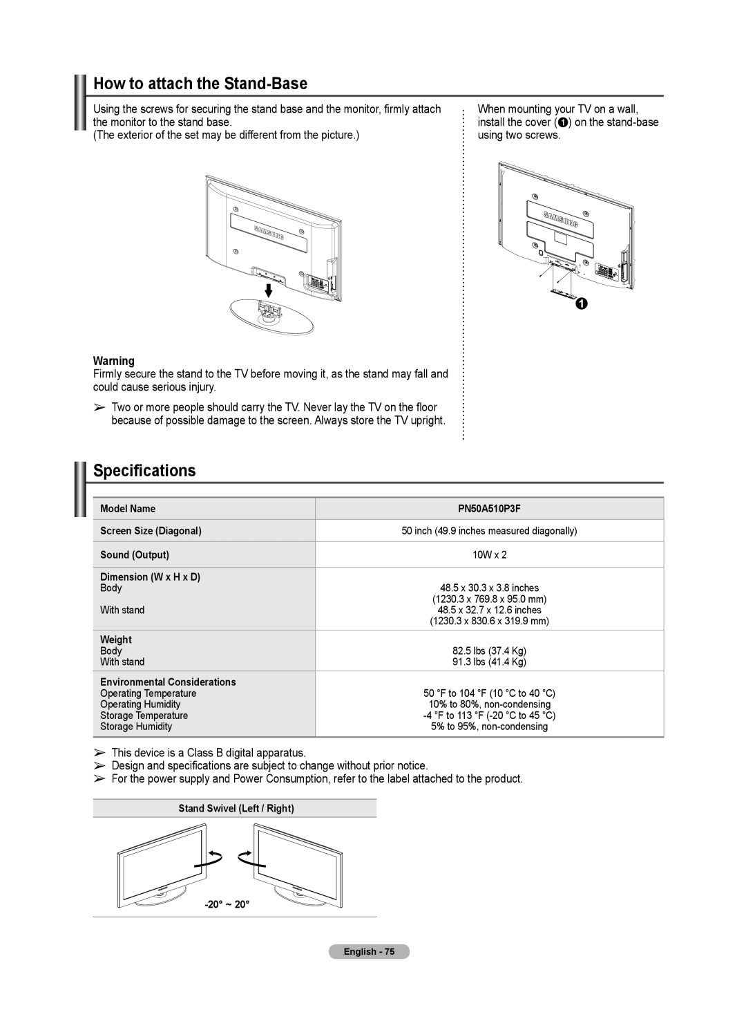 Samsung 510 user manual How to attach the Stand-Base, Specifications 