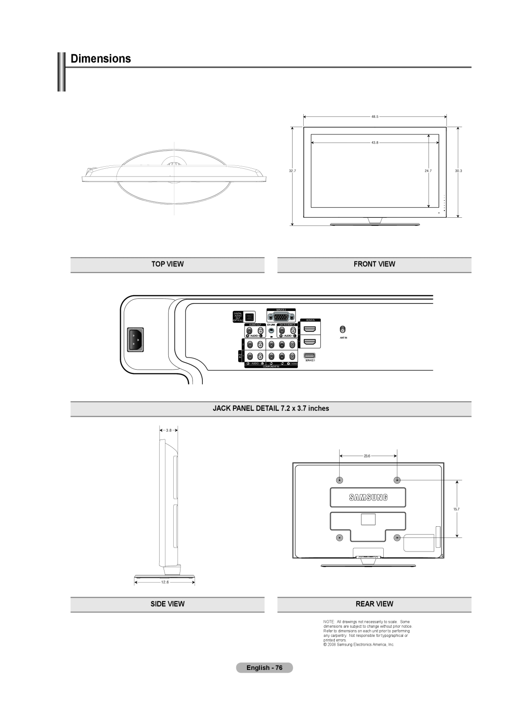 Samsung 510 user manual Top View, Front View, JACK PANEL DETAIL 7.2 x 3.7 inches, Side View, Rear View, English 
