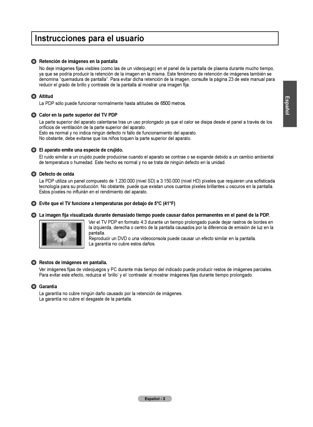 Samsung 510 Instrucciones para el usuario, Retención de imágenes en la pantallla, Altitud, Defecto de celda, Garantía 
