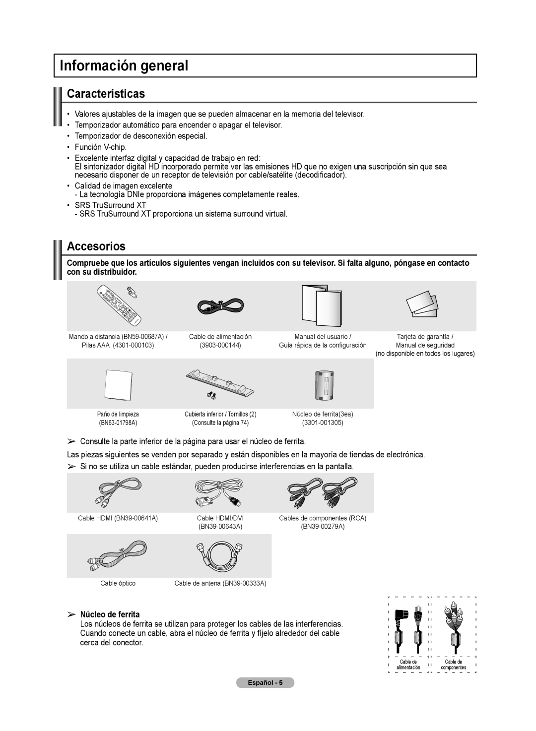 Samsung 510 user manual Información general, Características, Accesorios, Núcleo de ferrita 