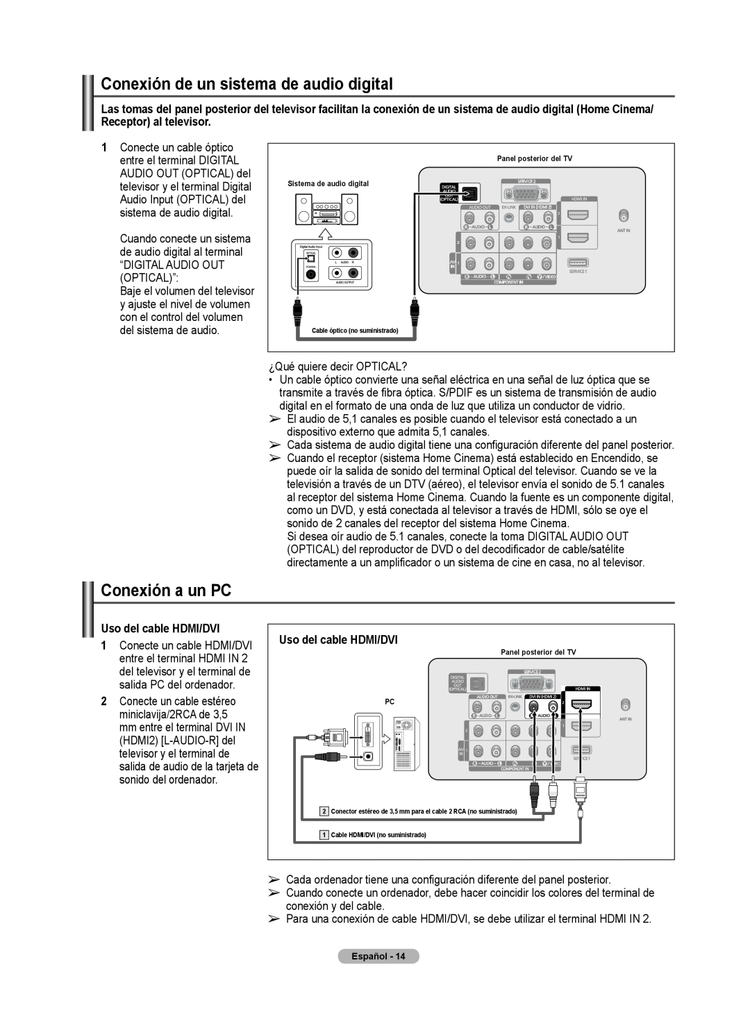 Samsung 510 user manual Conexión de un sistema de audio digital, Conexión a un PC, Uso del cable HDMI/DVI 