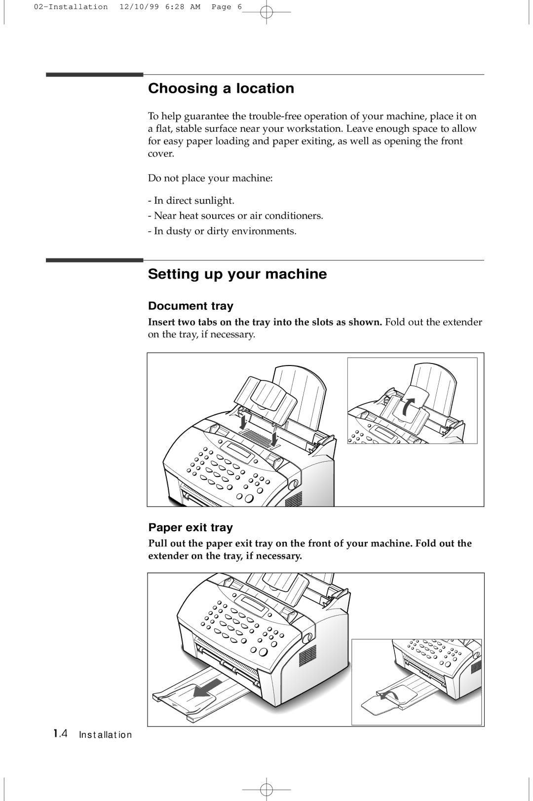 Samsung 5100 manual Choosing a location, Setting up your machine, Document tray, Paper exit tray 