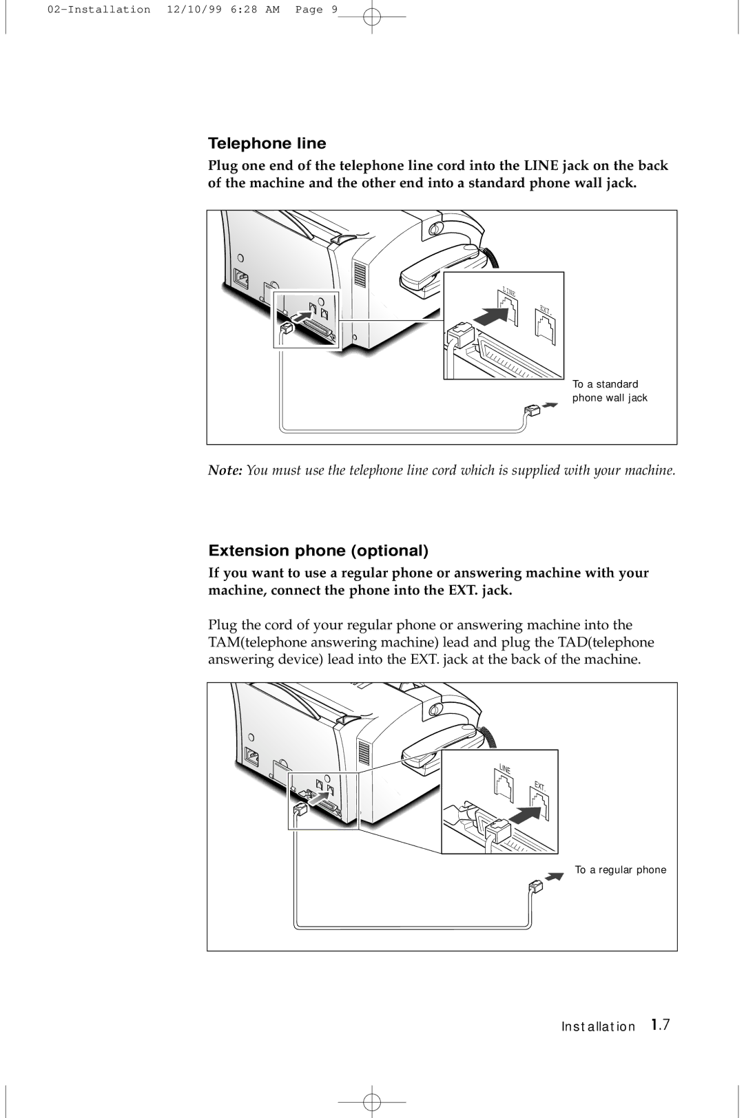 Samsung 5100 manual Telephone line, Extension phone optional 