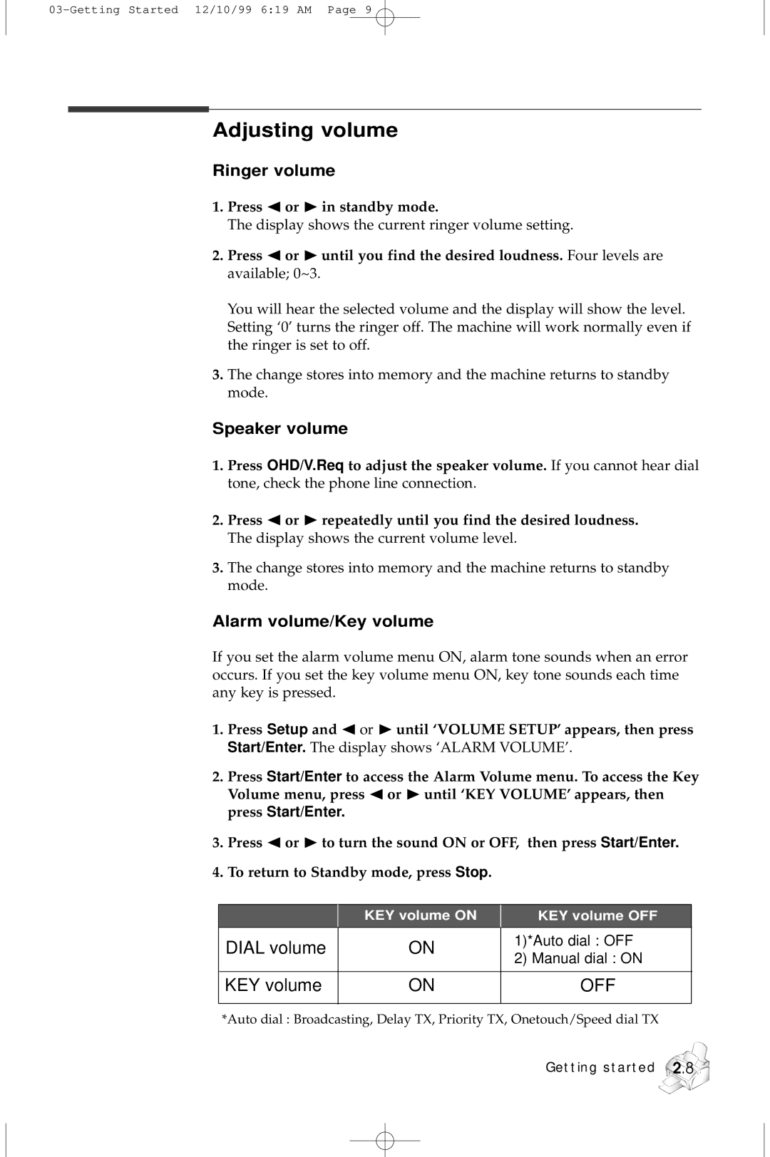 Samsung 5100 manual Adjusting volume, Ringer volume, Speaker volume, Alarm volume/Key volume, Press !or ❿ in standby mode 