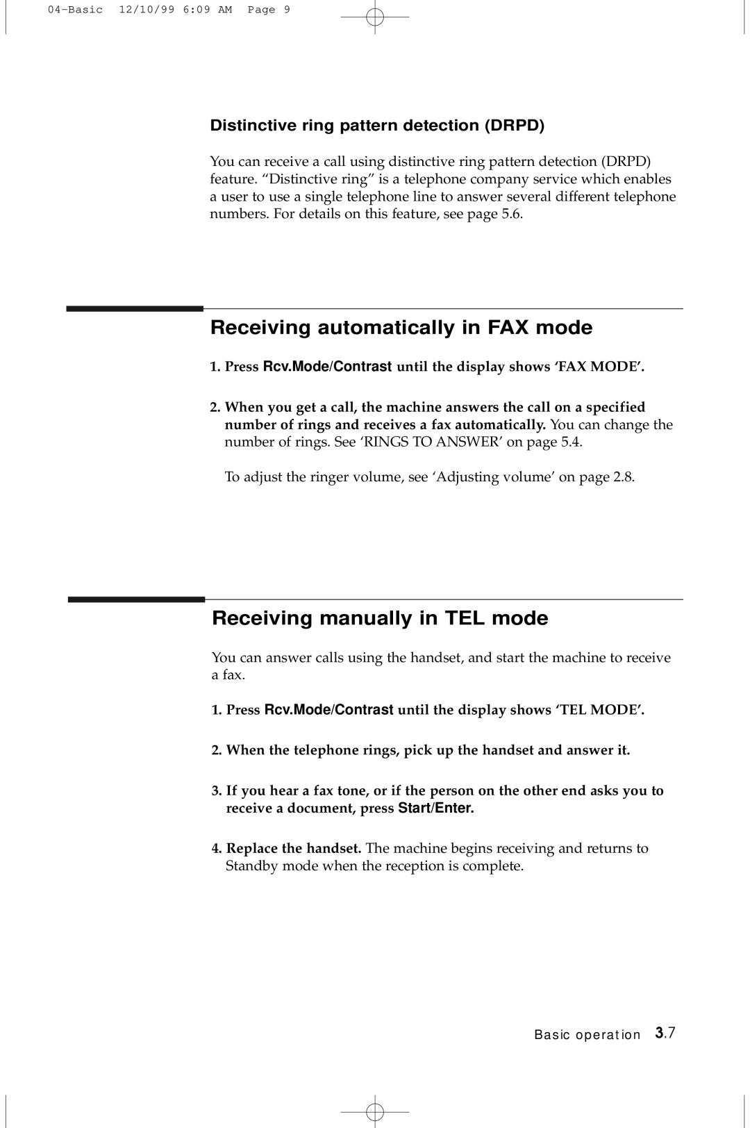 Samsung 5100 Receiving automatically in FAX mode, Receiving manually in TEL mode, Distinctive ring pattern detection Drpd 