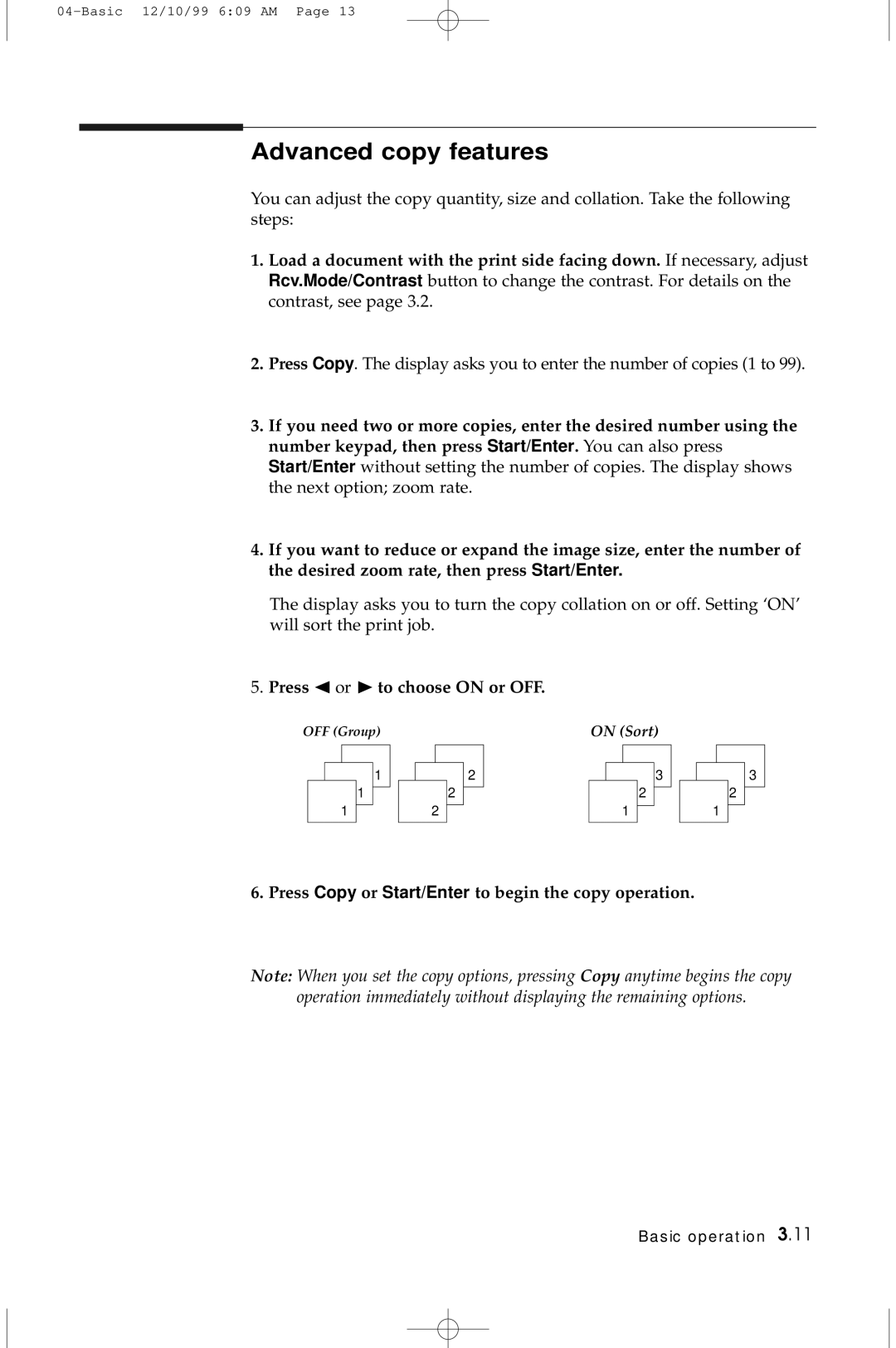 Samsung 5100 Advanced copy features, Press or ❿ to choose on or OFF, Press Copy or Start/Enter to begin the copy operation 