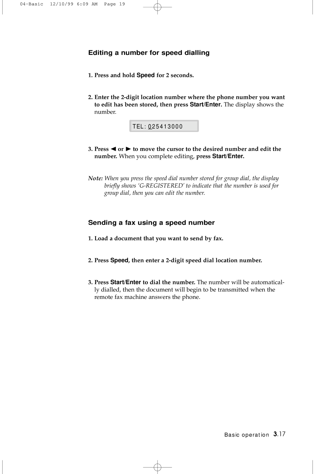 Samsung 5100 manual Editing a number for speed dialling, Sending a fax using a speed number 