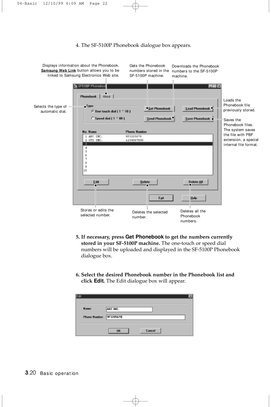 Samsung manual SF-5100P Phonebook dialogue box appears 