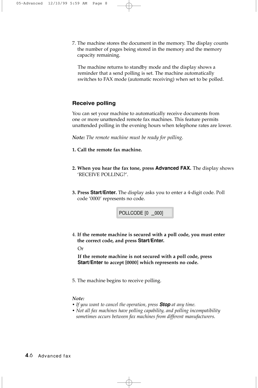 Samsung 5100 manual Receive polling, If you want to cancel the operation, press Stop at any time 