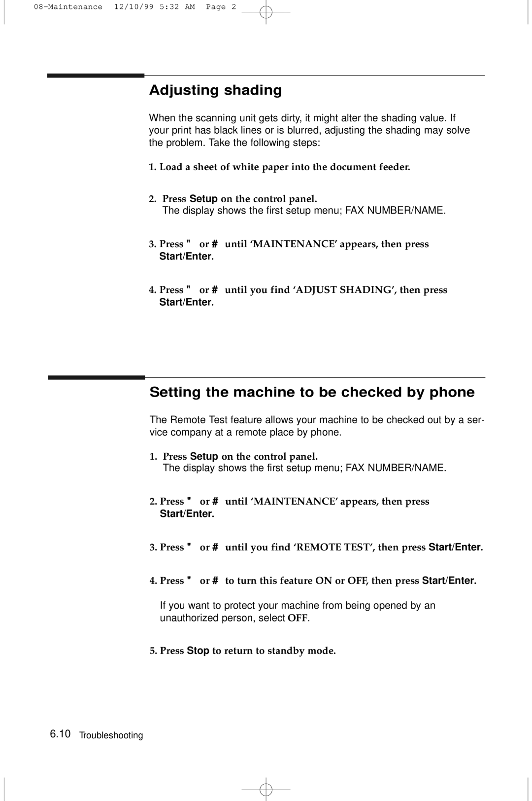 Samsung 5100 manual Adjusting shading, Setting the machine to be checked by phone 