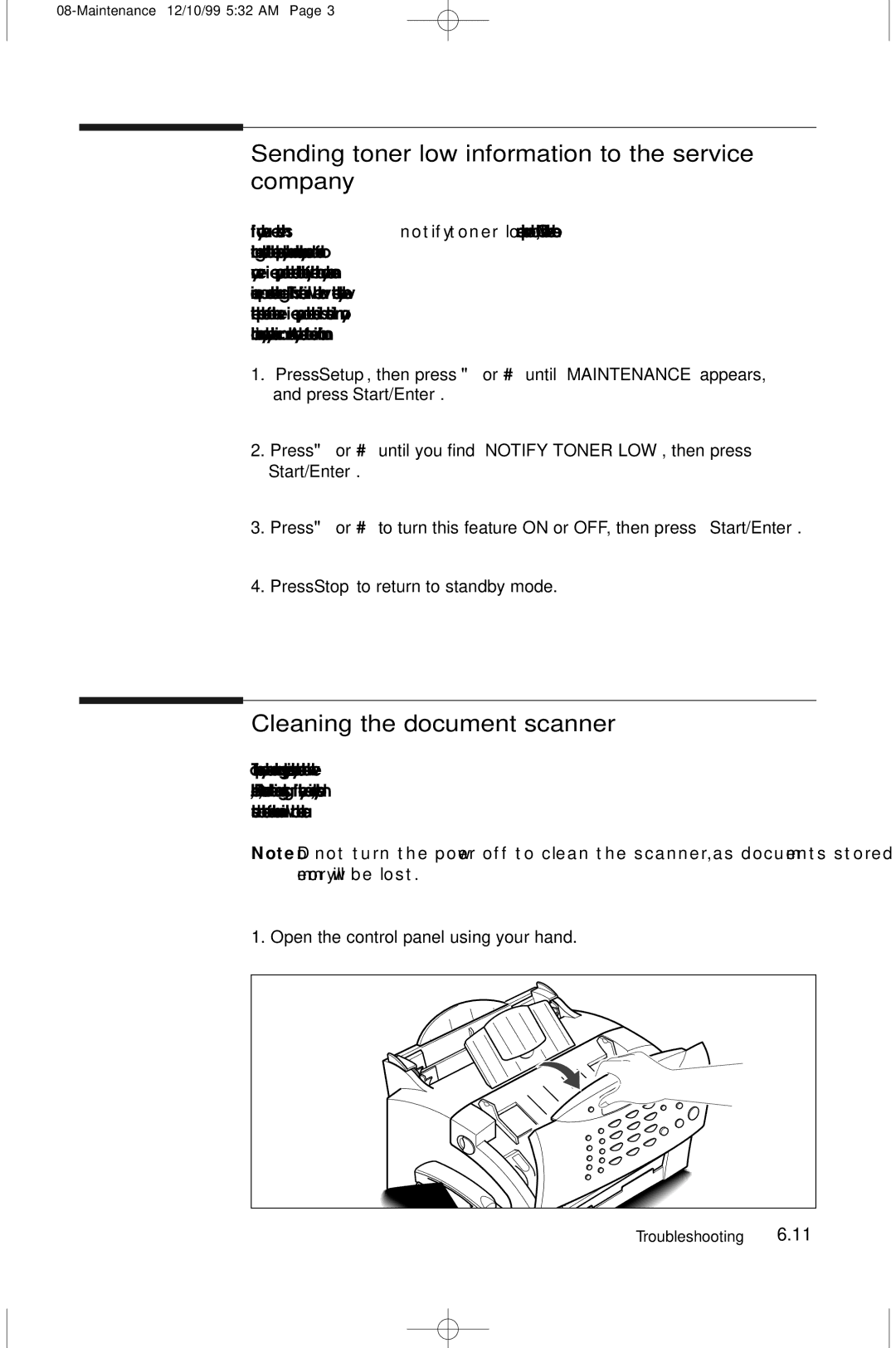 Samsung 5100 manual Sending toner low information to the service company, Cleaning the document scanner 