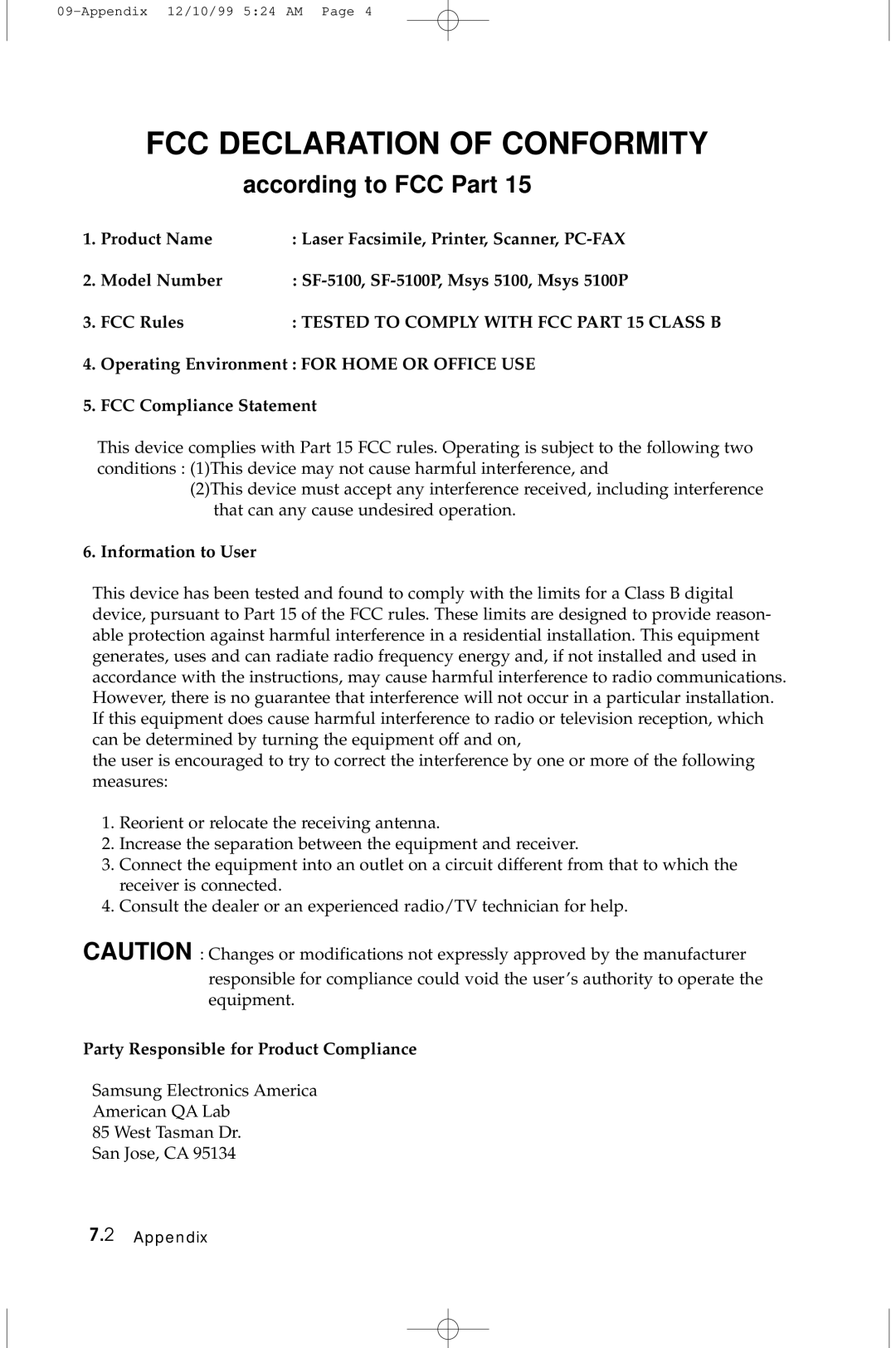 Samsung 5100 manual Information to User, Party Responsible for Product Compliance 