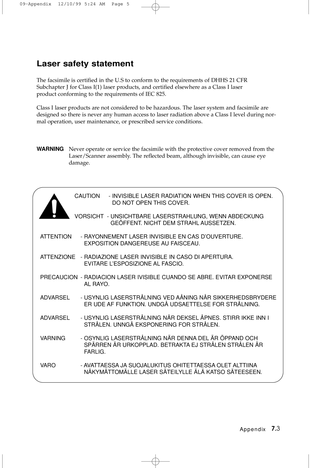 Samsung 5100 manual Laser safety statement 