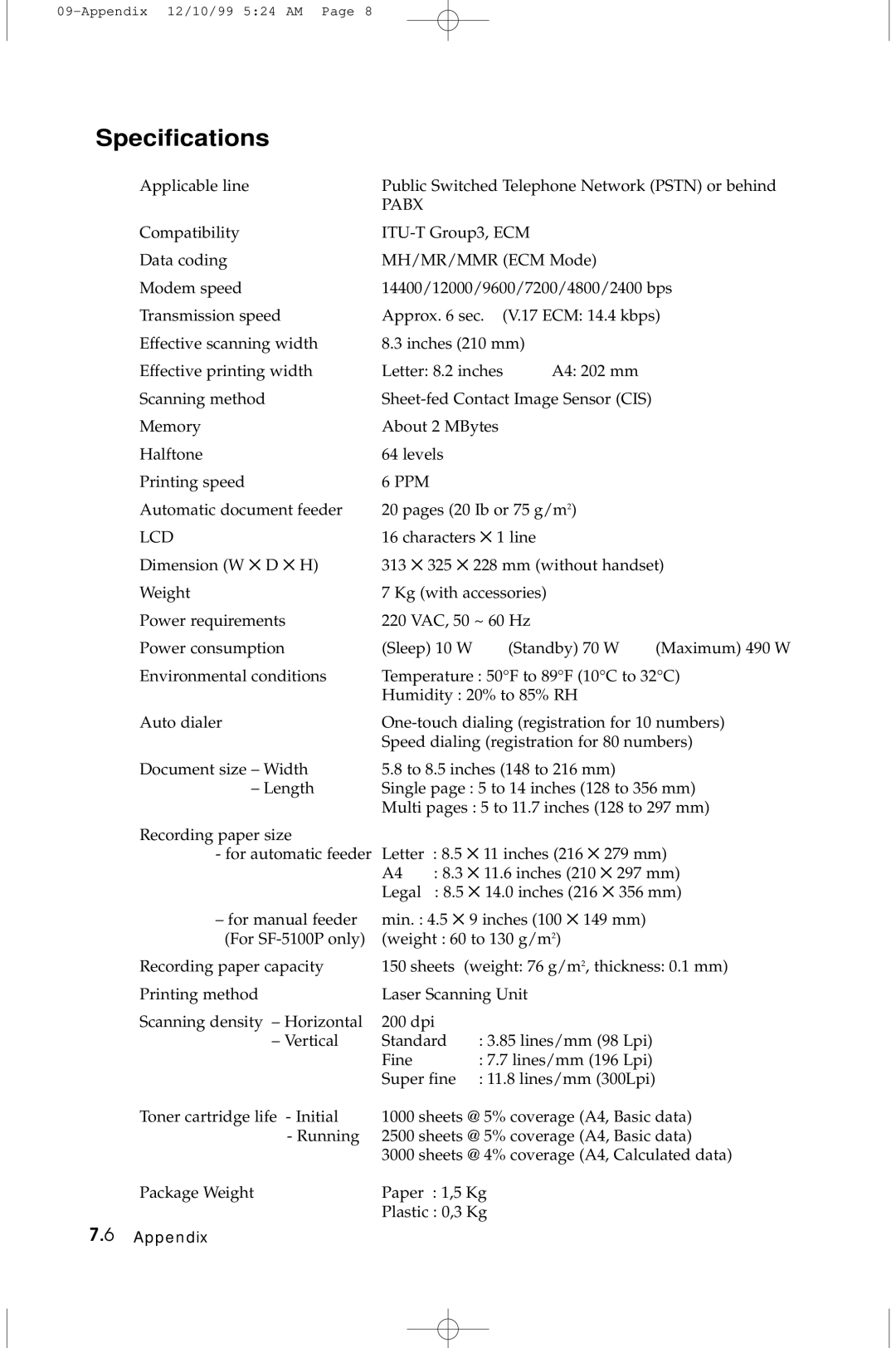 Samsung 5100 manual Specifications, Pabx 