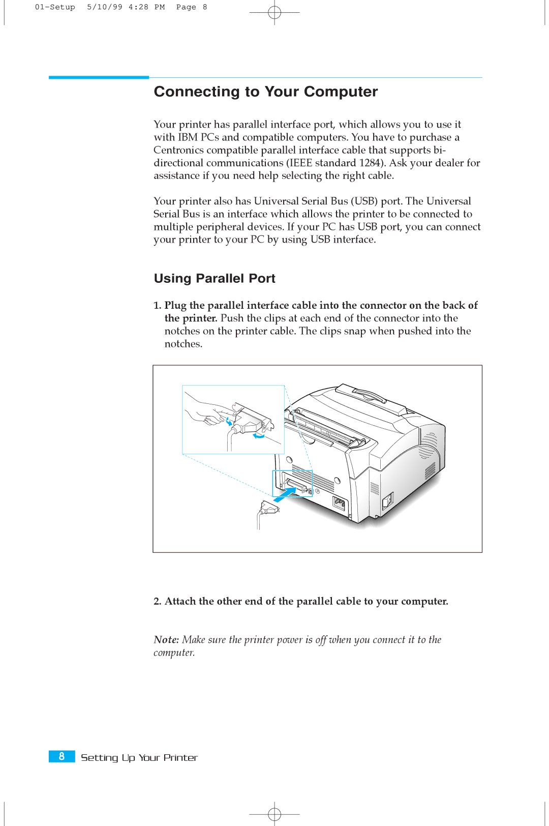 Samsung 5100A user manual Connecting to Your Computer, Using Parallel Port 