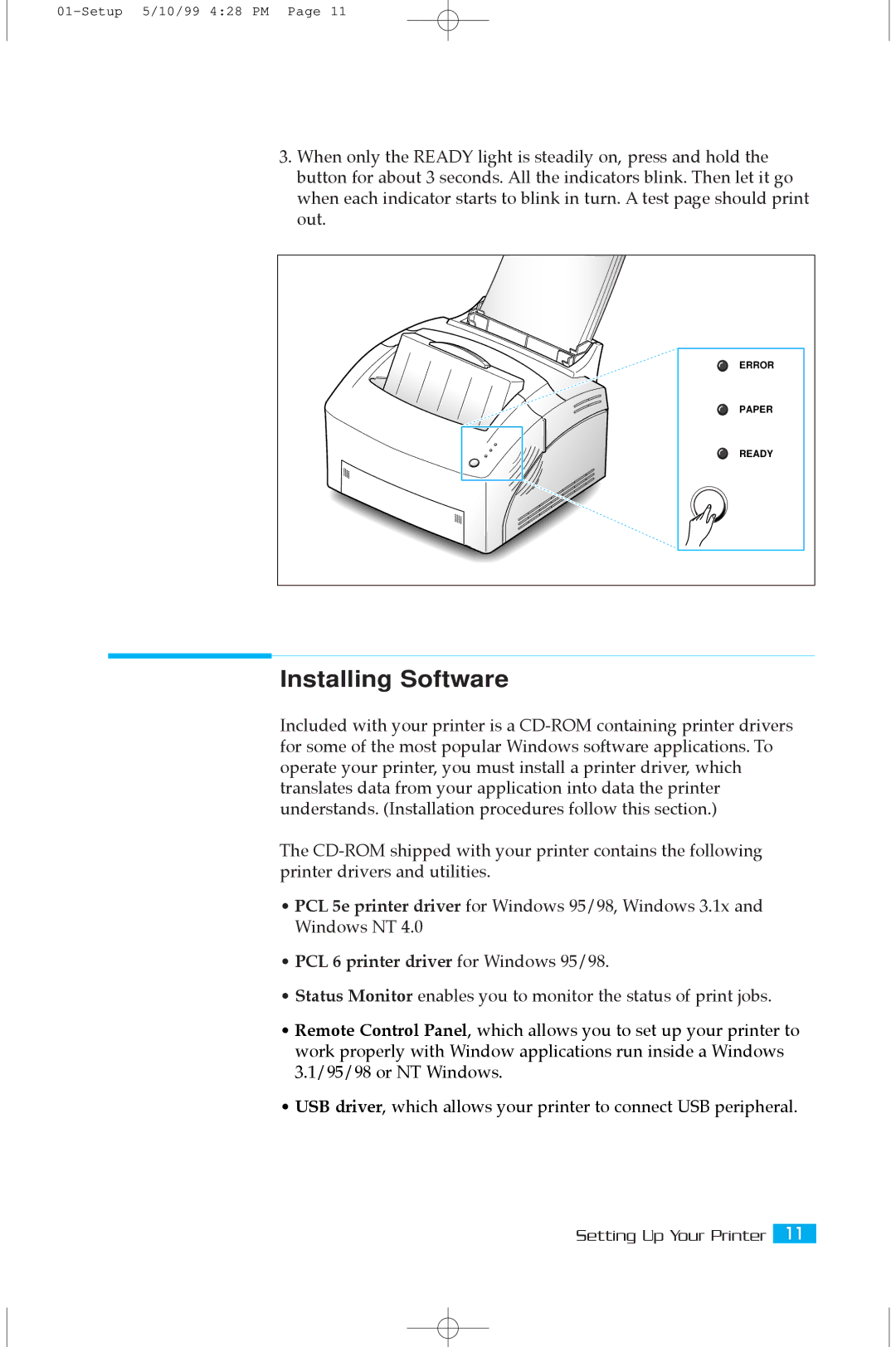 Samsung 5100A user manual Installing Software, ¥ PCL 6 printer driver for Windows 95/98 